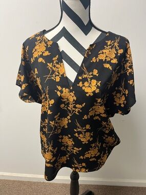 Women's Black Floral V-Neck Blouse with Mustard Print